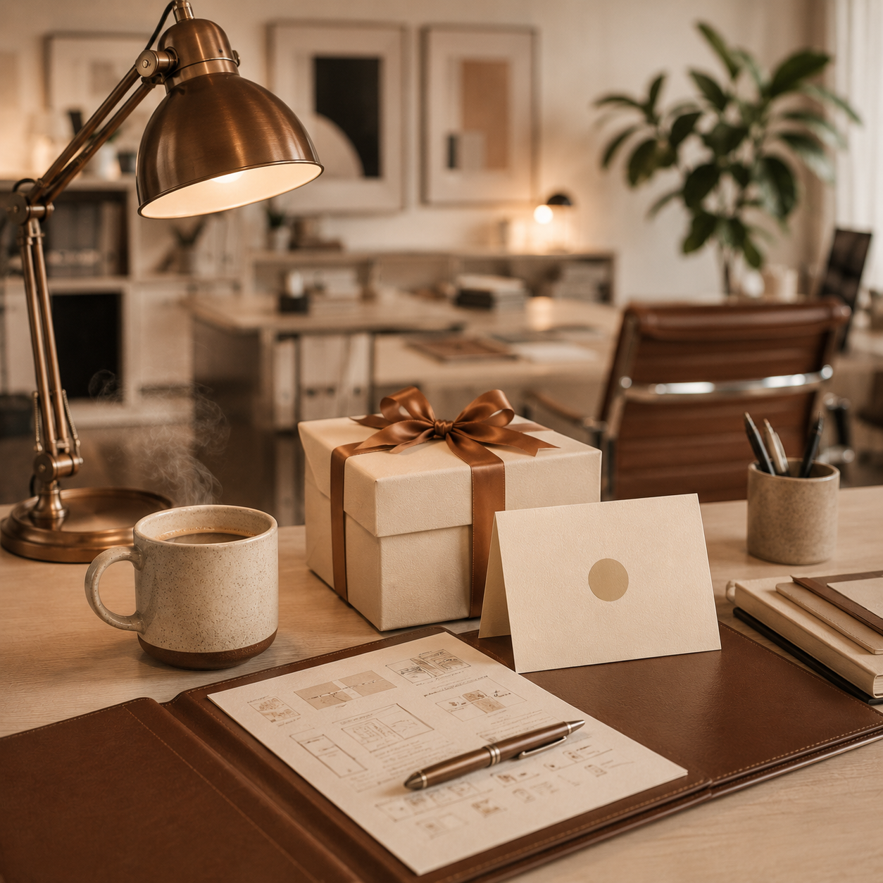 Design studio desk with gift box, thank-you card, leather portfolio and brass desk lamp