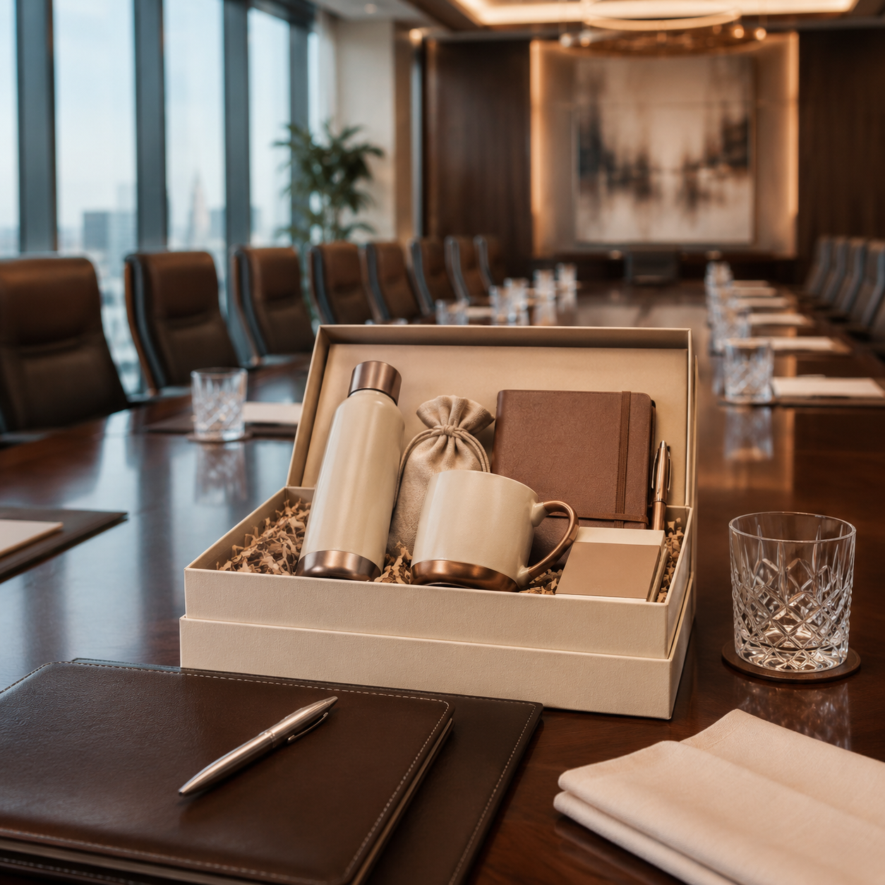 Executive boardroom with cream and bronze corporate gift hamper