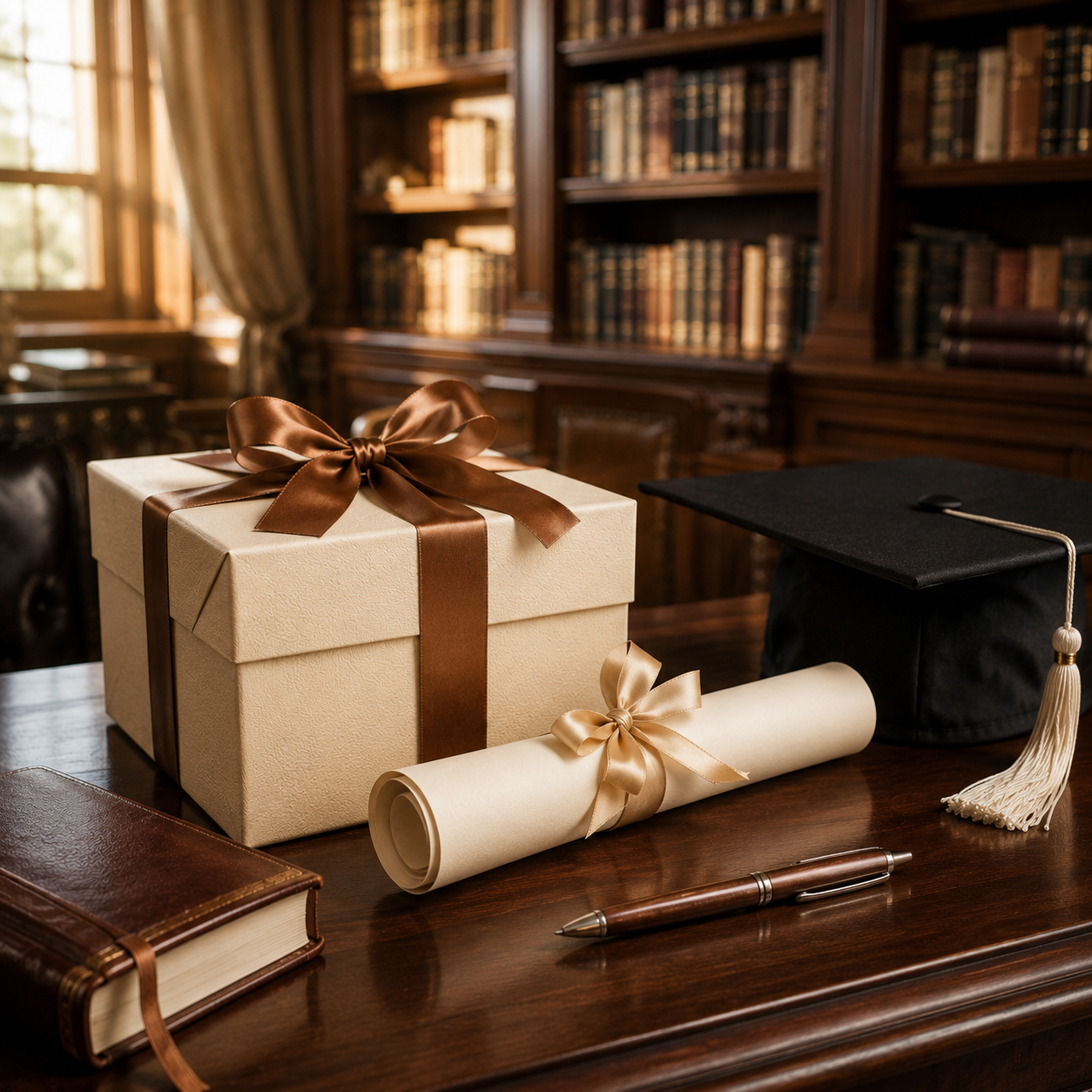 Convocation gift presentation with diploma scroll, graduation cap and gift box