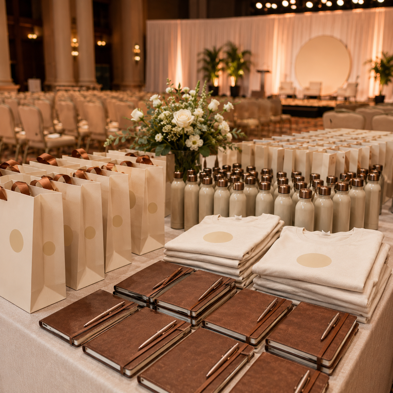Conference venue registration with branded gift bags, bottles, t-shirts and notebooks