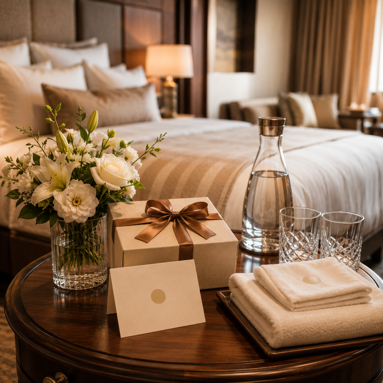 Luxury hotel suite welcome arrangement with gift box, flowers and welcome card
