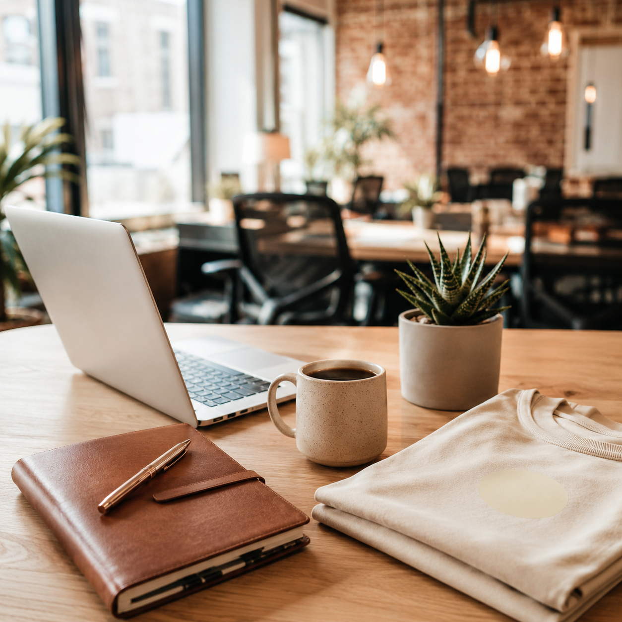 Startup workspace with welcome kit — laptop, leather notebook, branded mug, t-shirt