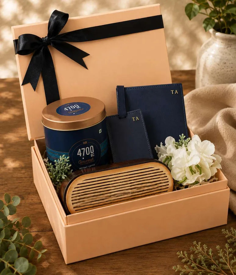 Diwali hamper box with candle jar and notebook