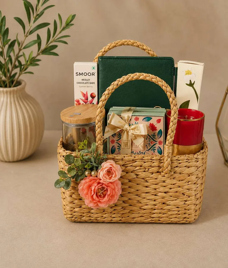 Diwali hamper in a woven basket with diary and treats