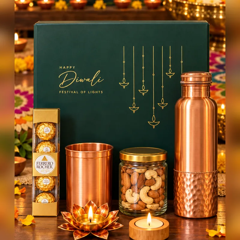 Tamra Royale Diwali hamper: green box with copper bottle, copper glass, dry fruits jar, Ferrero Rocher and brass diya
