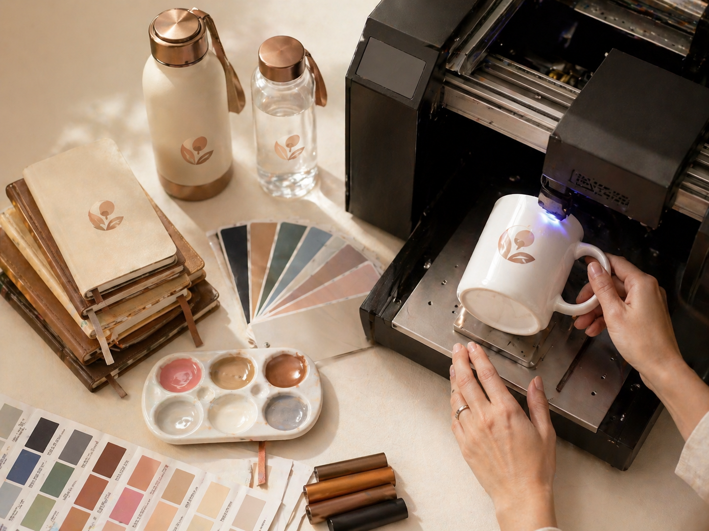 UV printer customizing a coffee mug with branding, surrounded by colour swatches and sample products