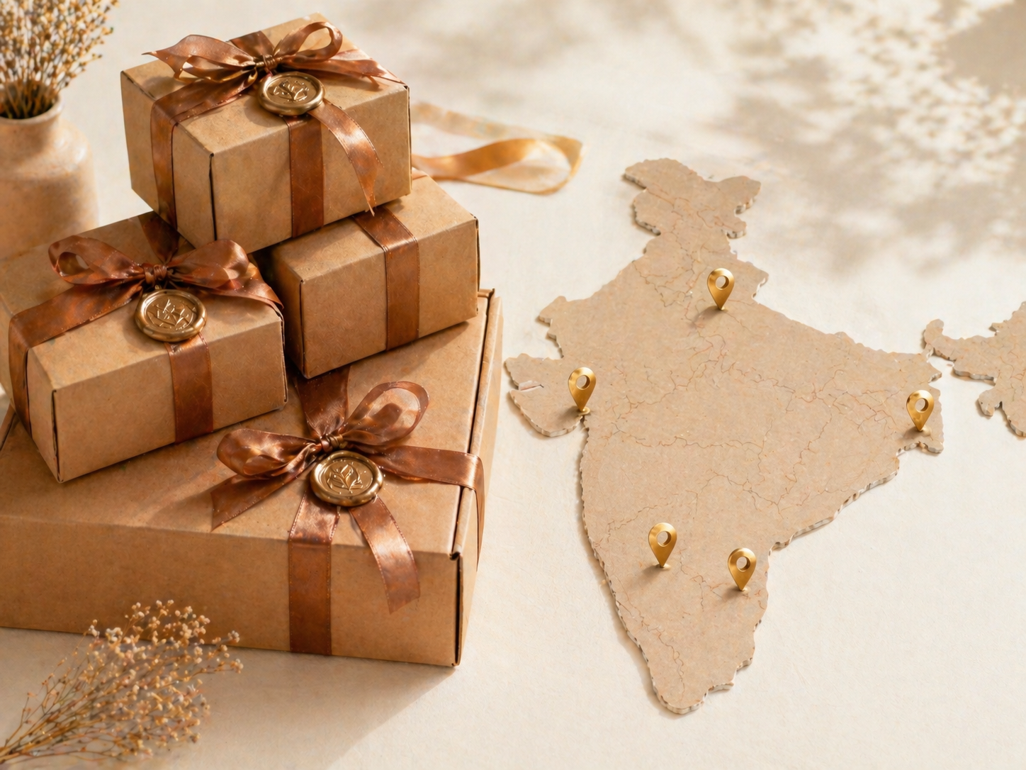 Premium kraft gift boxes ready to ship pan-India, with gold map markers