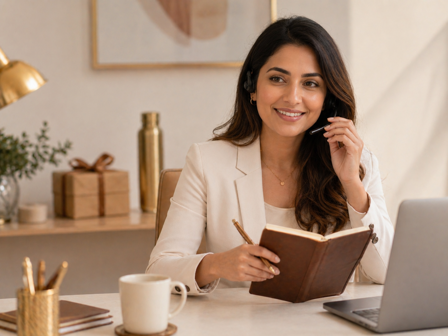 Dedicated account manager smiling with a leather notebook at her desk