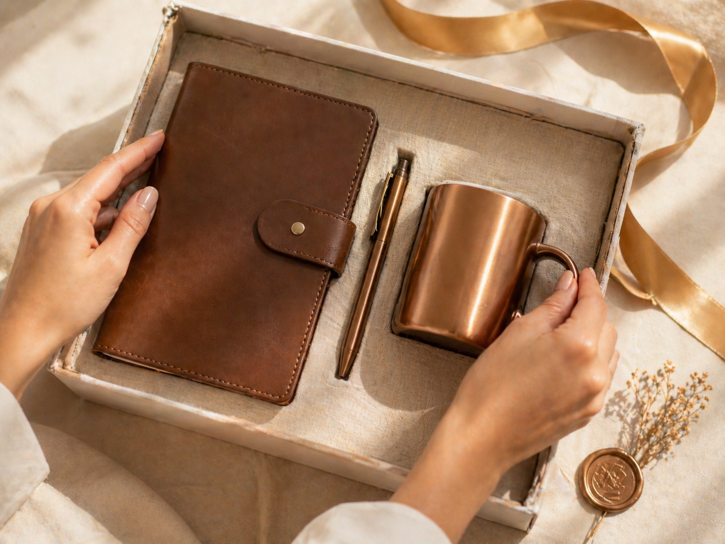 Hands curating a premium leather notebook, copper mug and bronze ribbon gift set