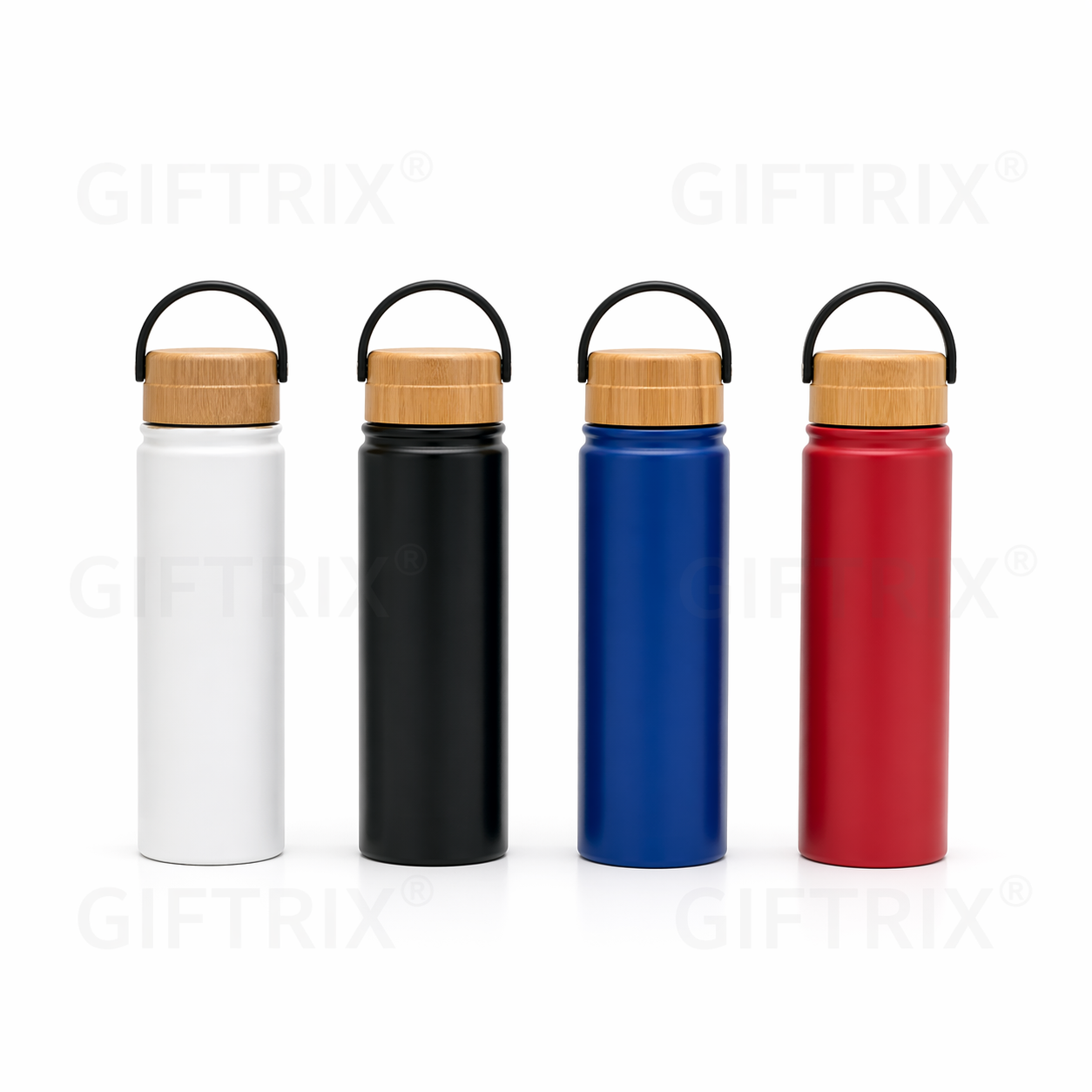 Sport flask with bamboo lid and strap in 4 colours