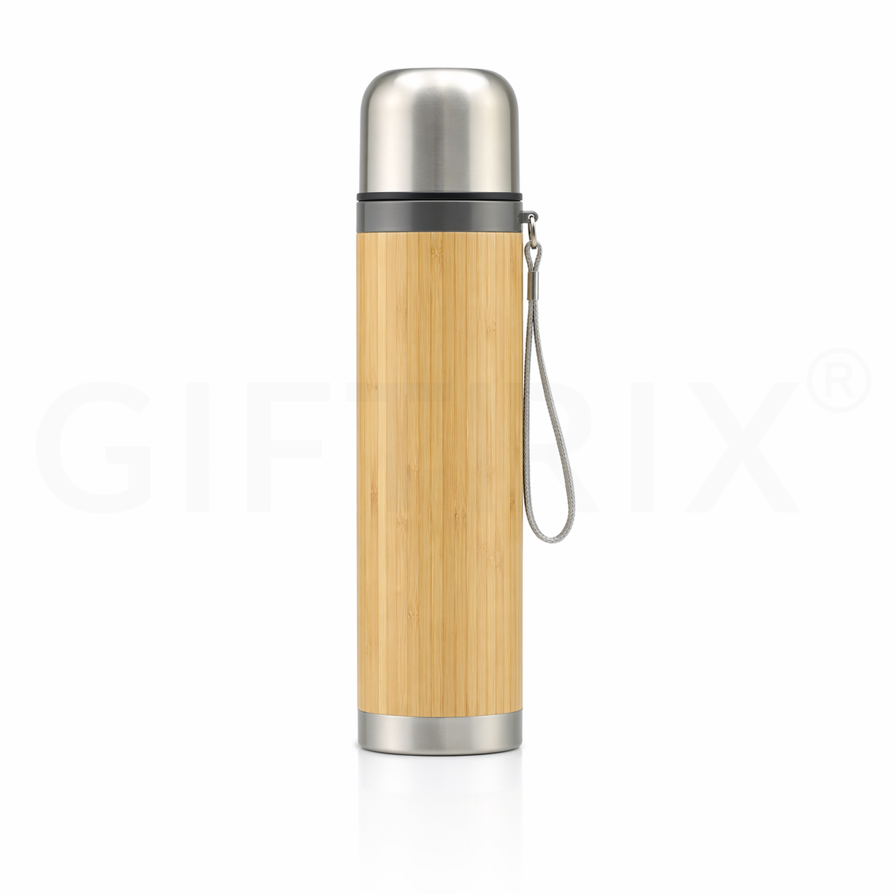 Bamboo travel flask with bullet cap and wrist strap