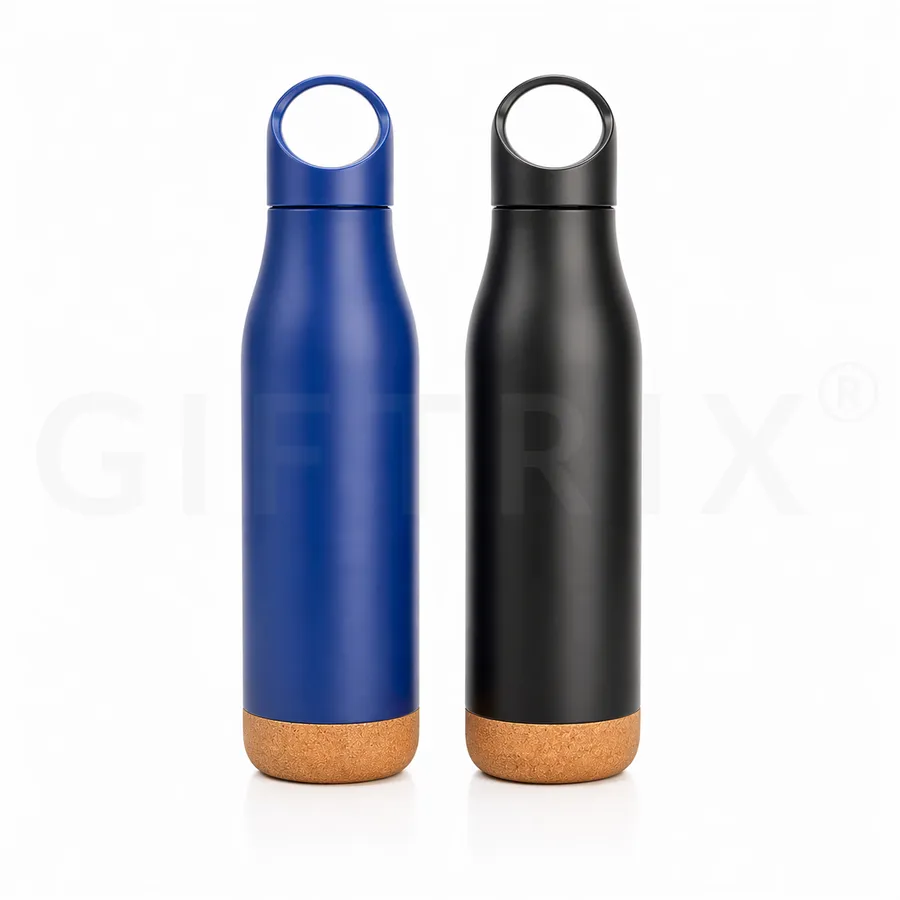 Steel bottle with cork base and wire hoop handle in blue and black