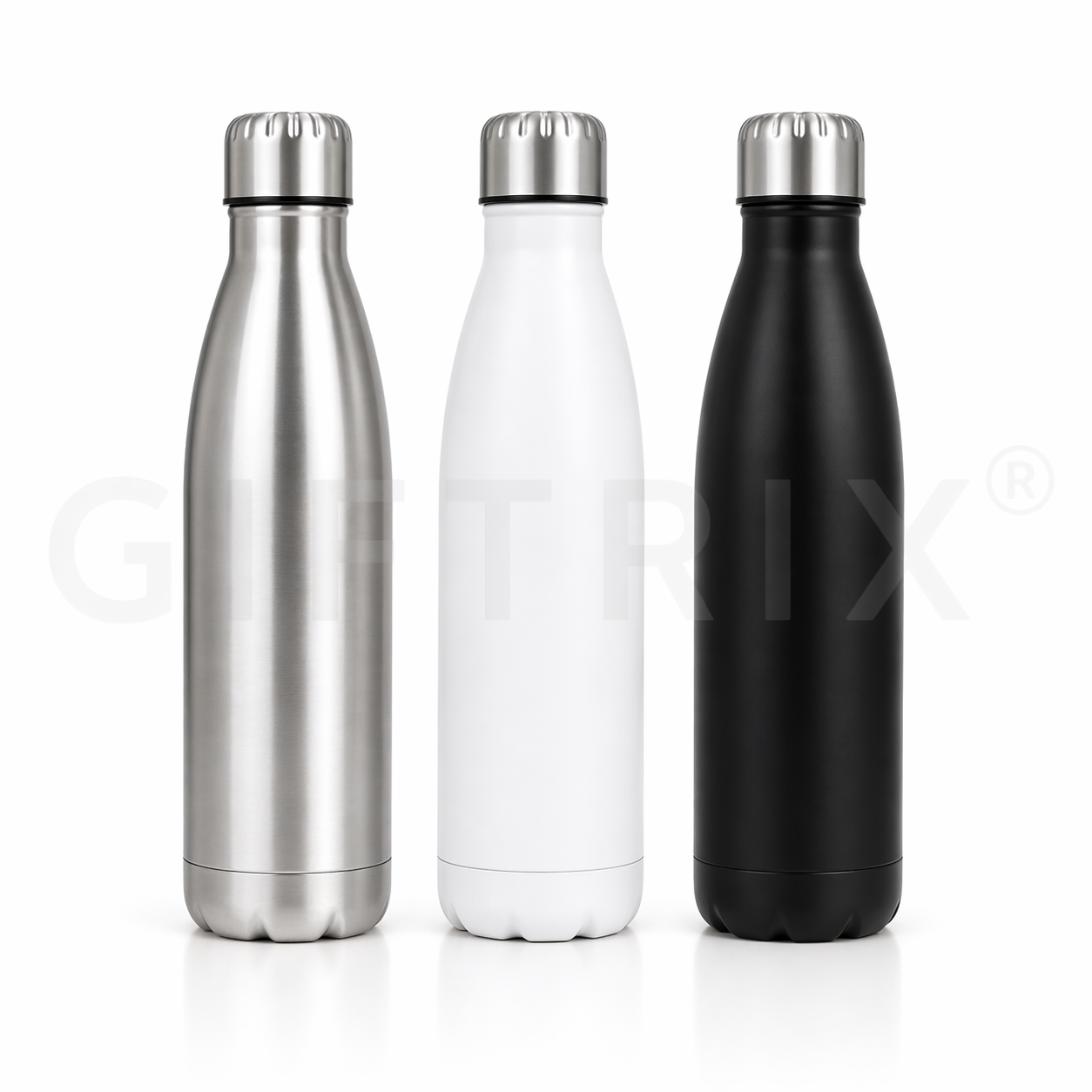 Classic coke-silhouette bottles in silver, white, black