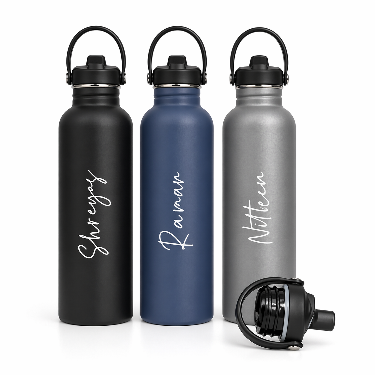 Name-engraved personalized bottles with flip-straw lid