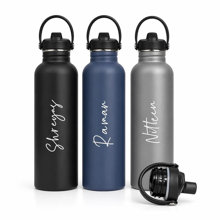 Name-engraved personalized bottles with flip-straw lid