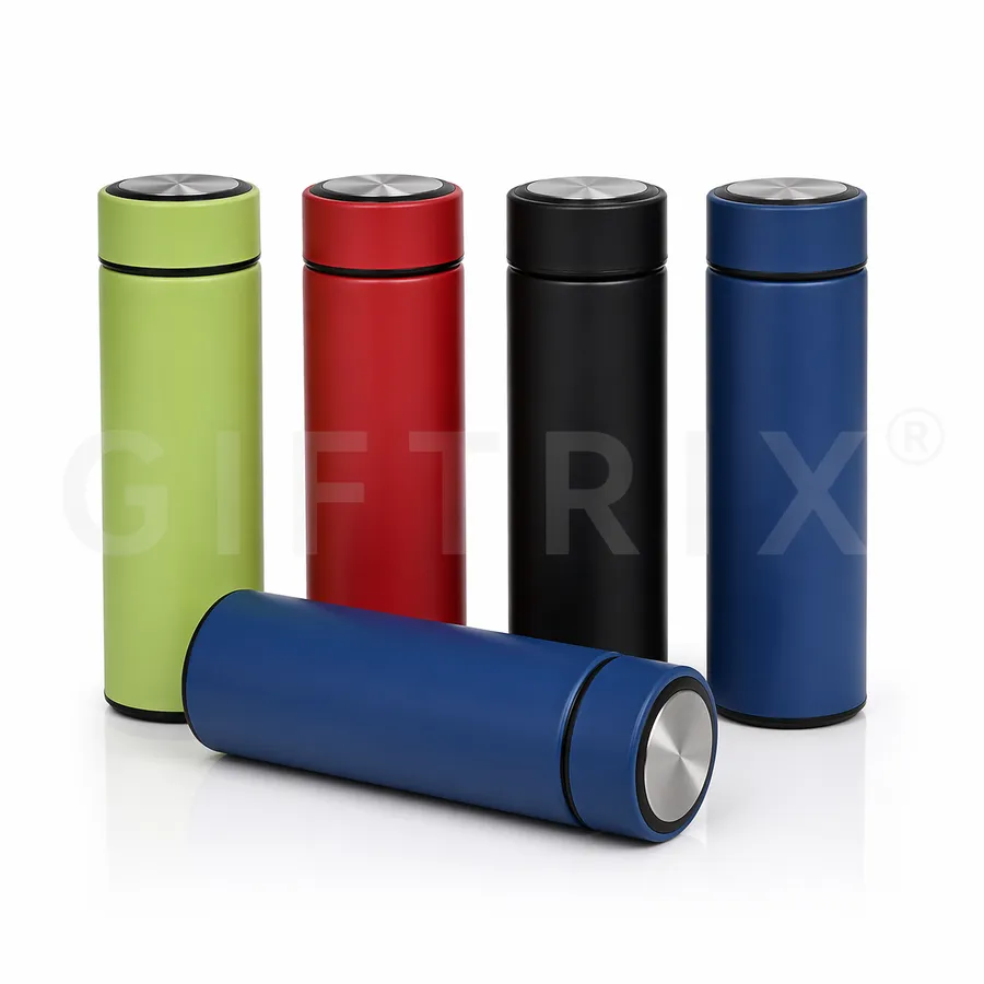 Double-wall insulated steel bottle in bold matte green, red, black, and navy
