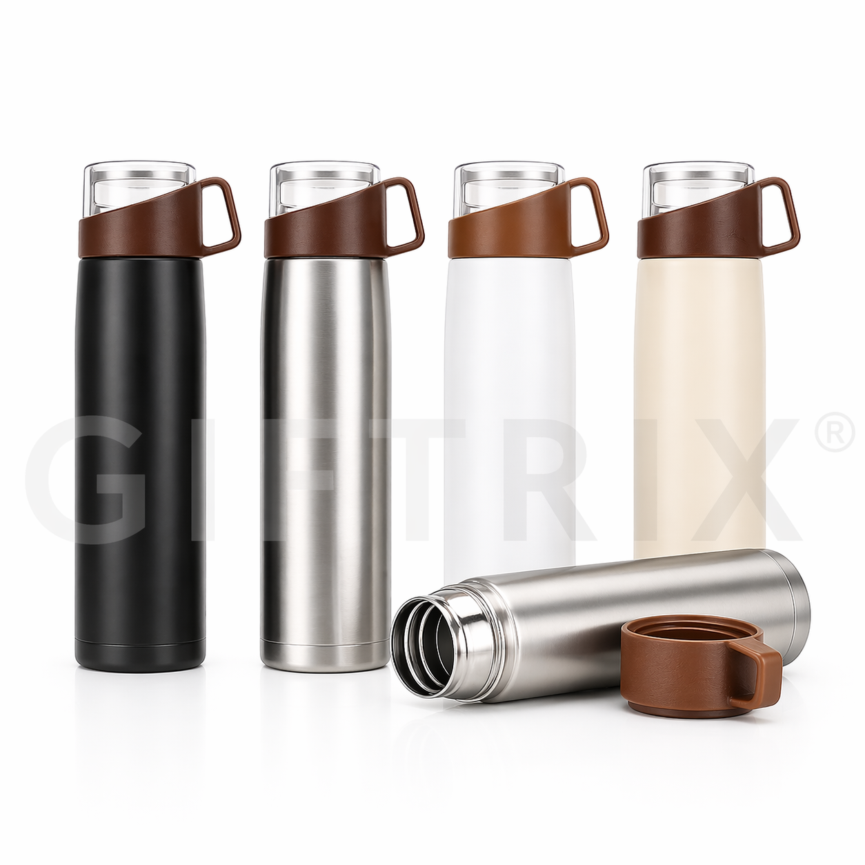 Thermos with leather loop handle in 4 finishes