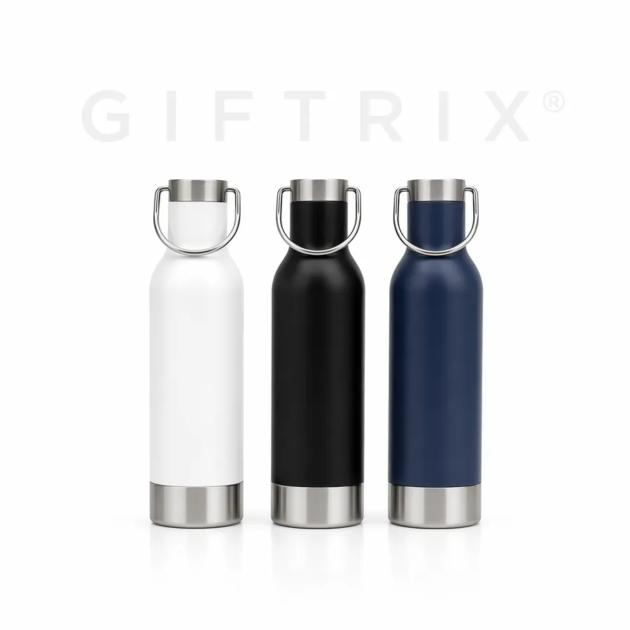 Steel-base hoop-handle bottle in white, black, navy