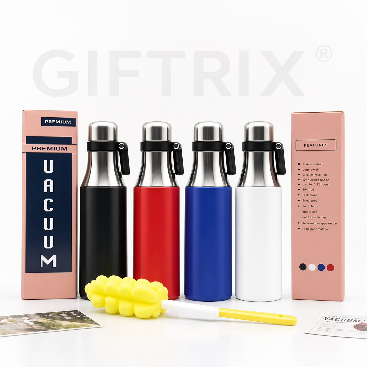 Premium vacuum bottle gift set with box and cleaning kit