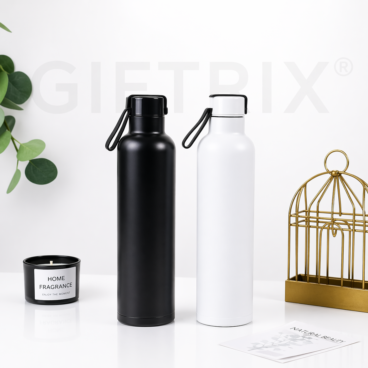 Tall loop-strap bottle in black and white lifestyle shot