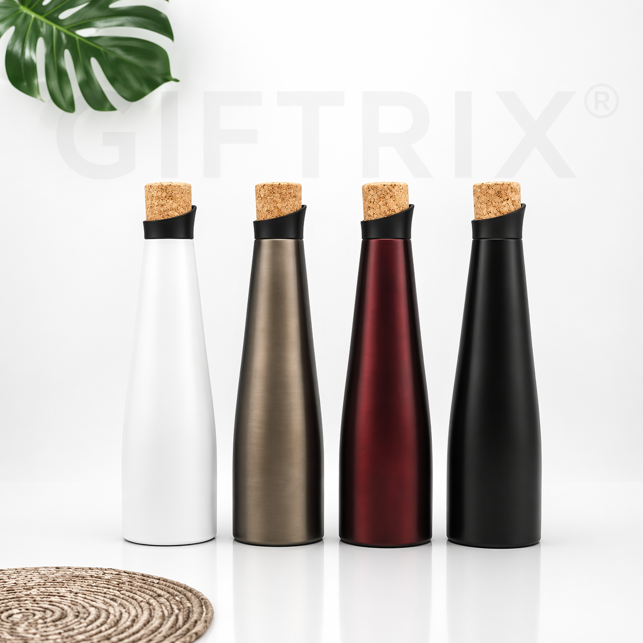 Cork-top wine-style slim bottles in 4 colours
