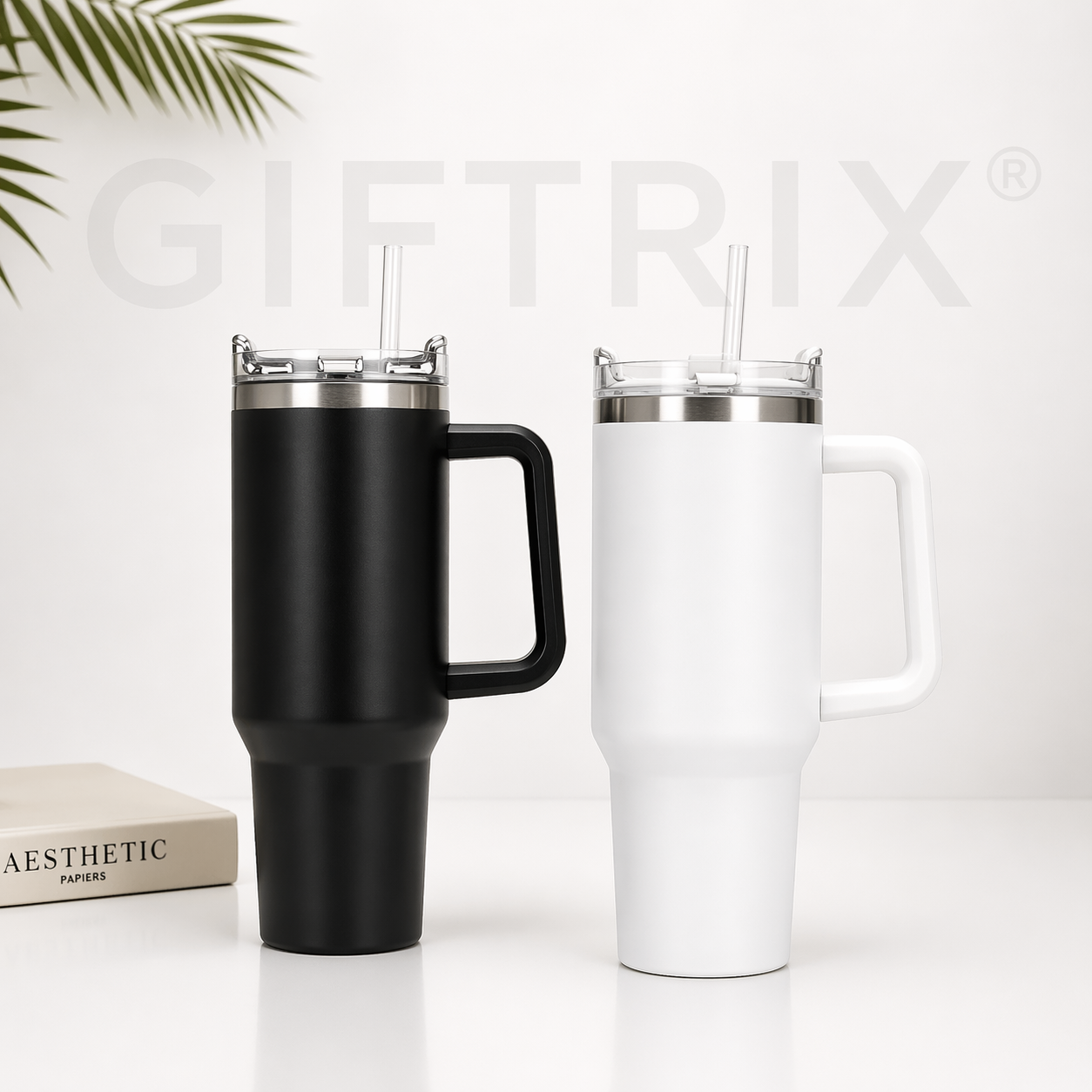 Large Stanley-style travel tumblers with straw