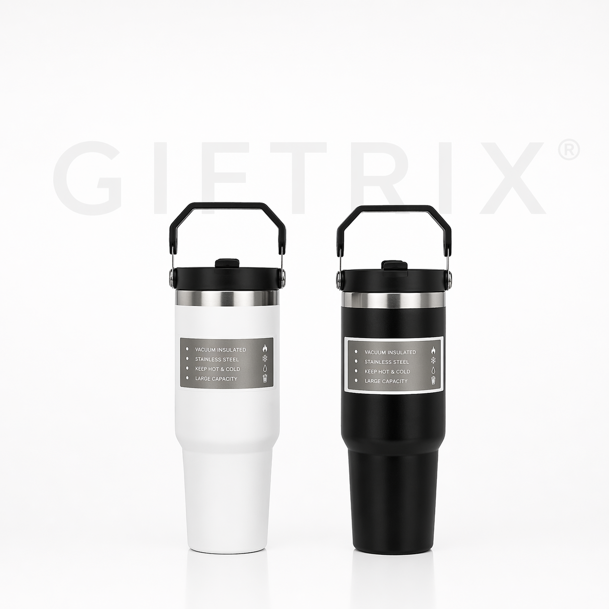 Ice tumbler with handle and straw in black and white