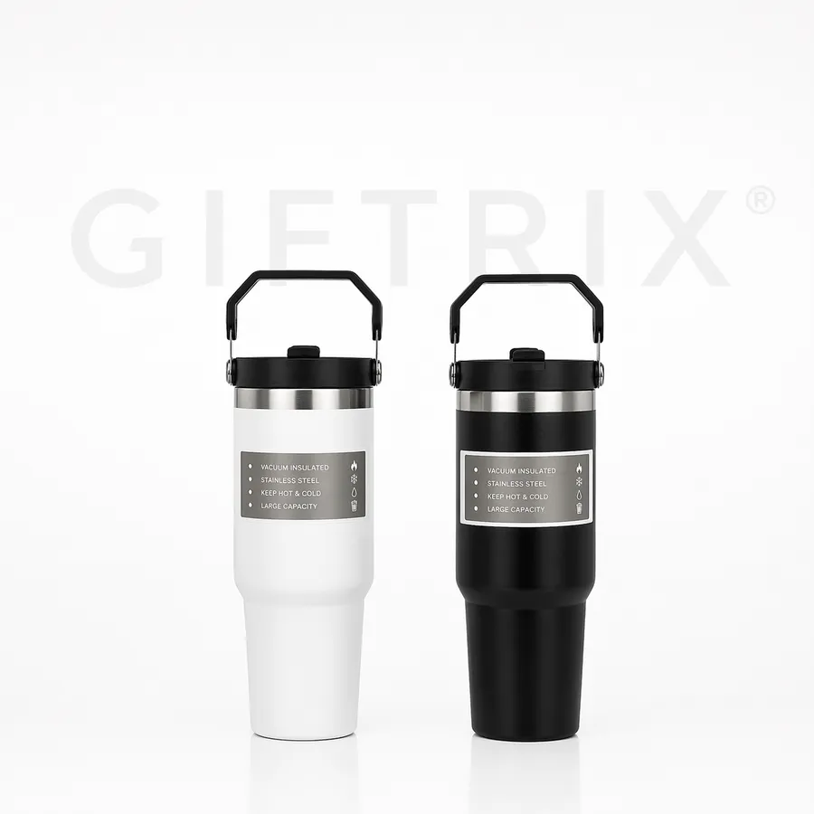 Insulated ice tumbler with built-in handle and straw in black and white