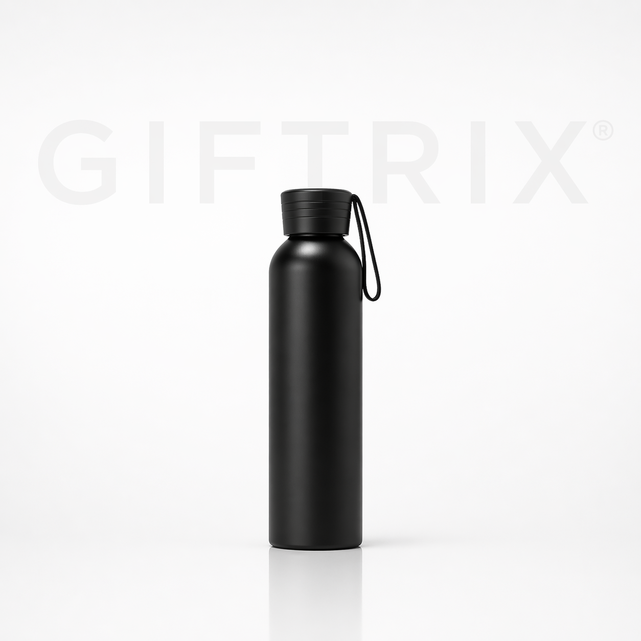 Compact black travel bottle with strap