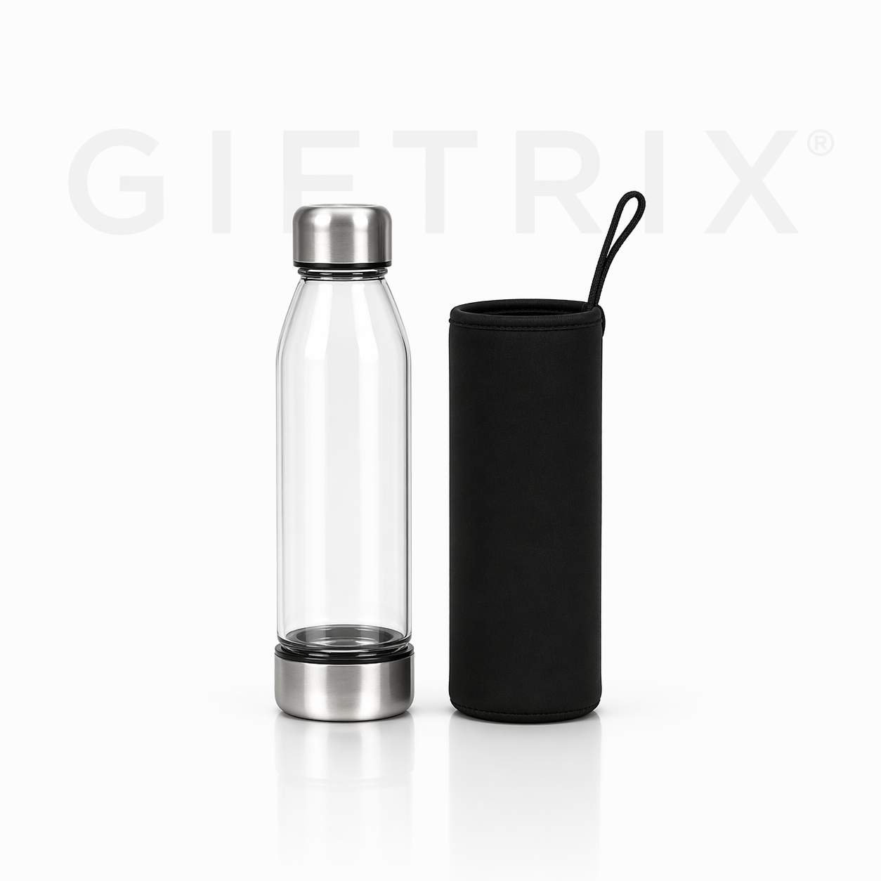 Glass bottle with steel cap and black neoprene sleeve