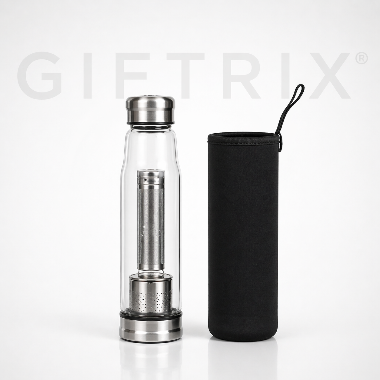 Glass tea-infuser bottle with protective sleeve