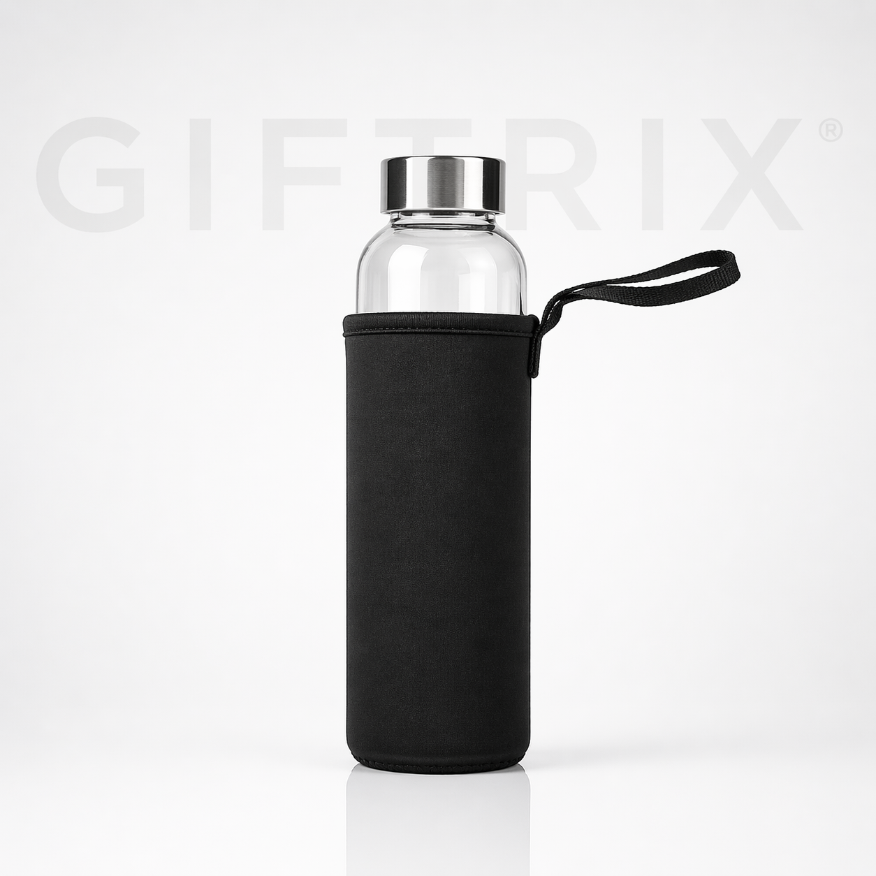 Glass carry bottle in black neoprene sleeve