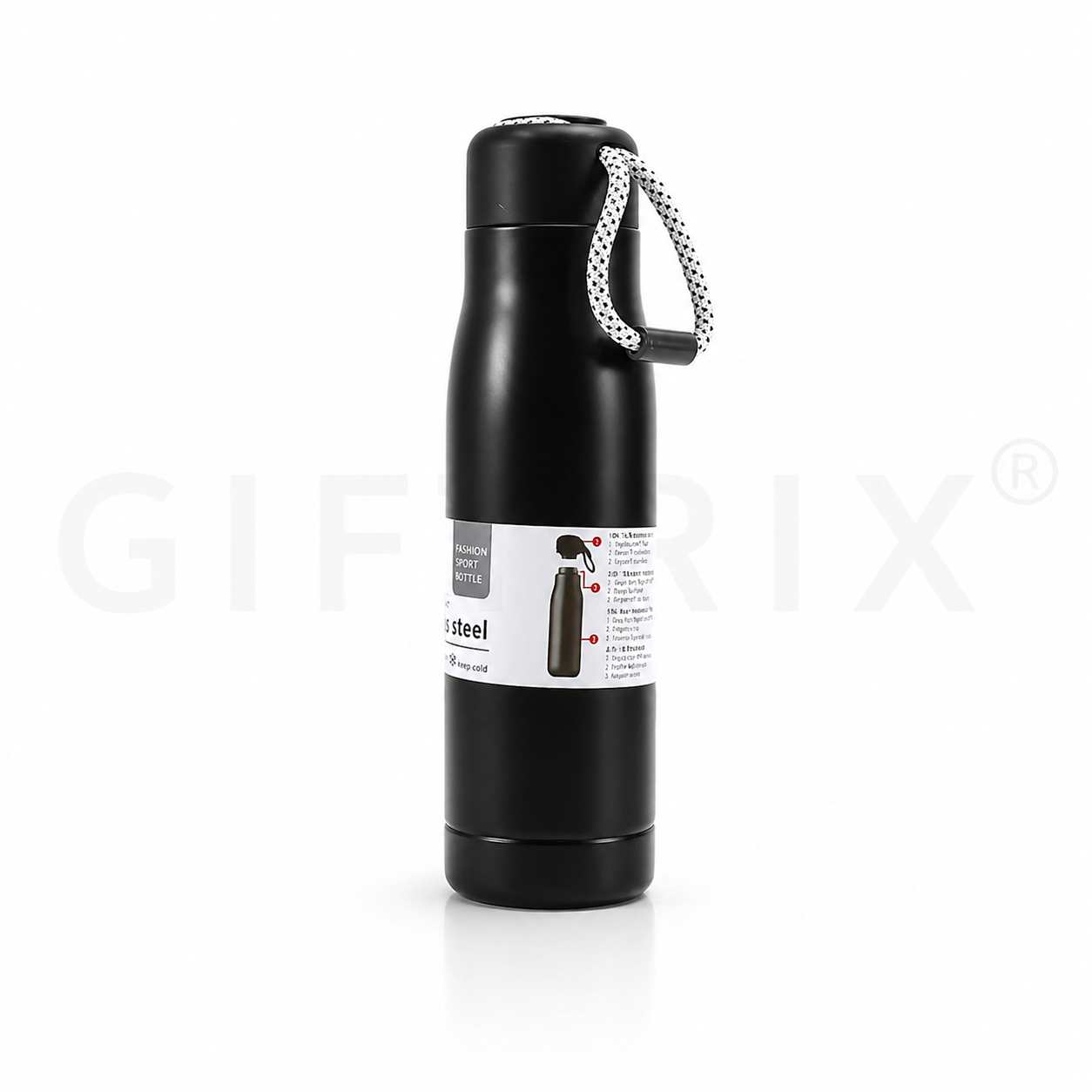 Black insulated steel bottle with woven carry strap on cap