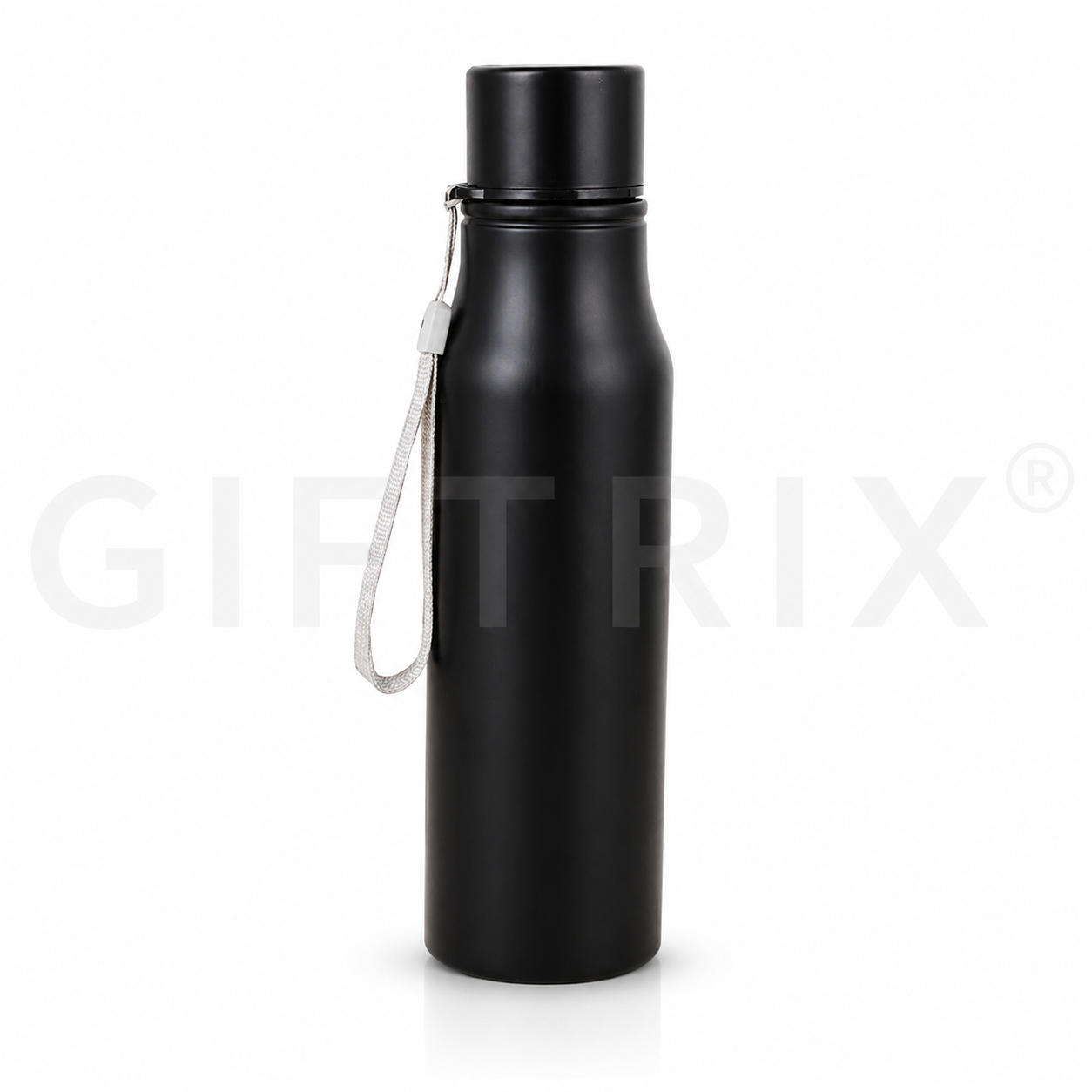 Black matte steel sports bottle with white nylon carry strap
