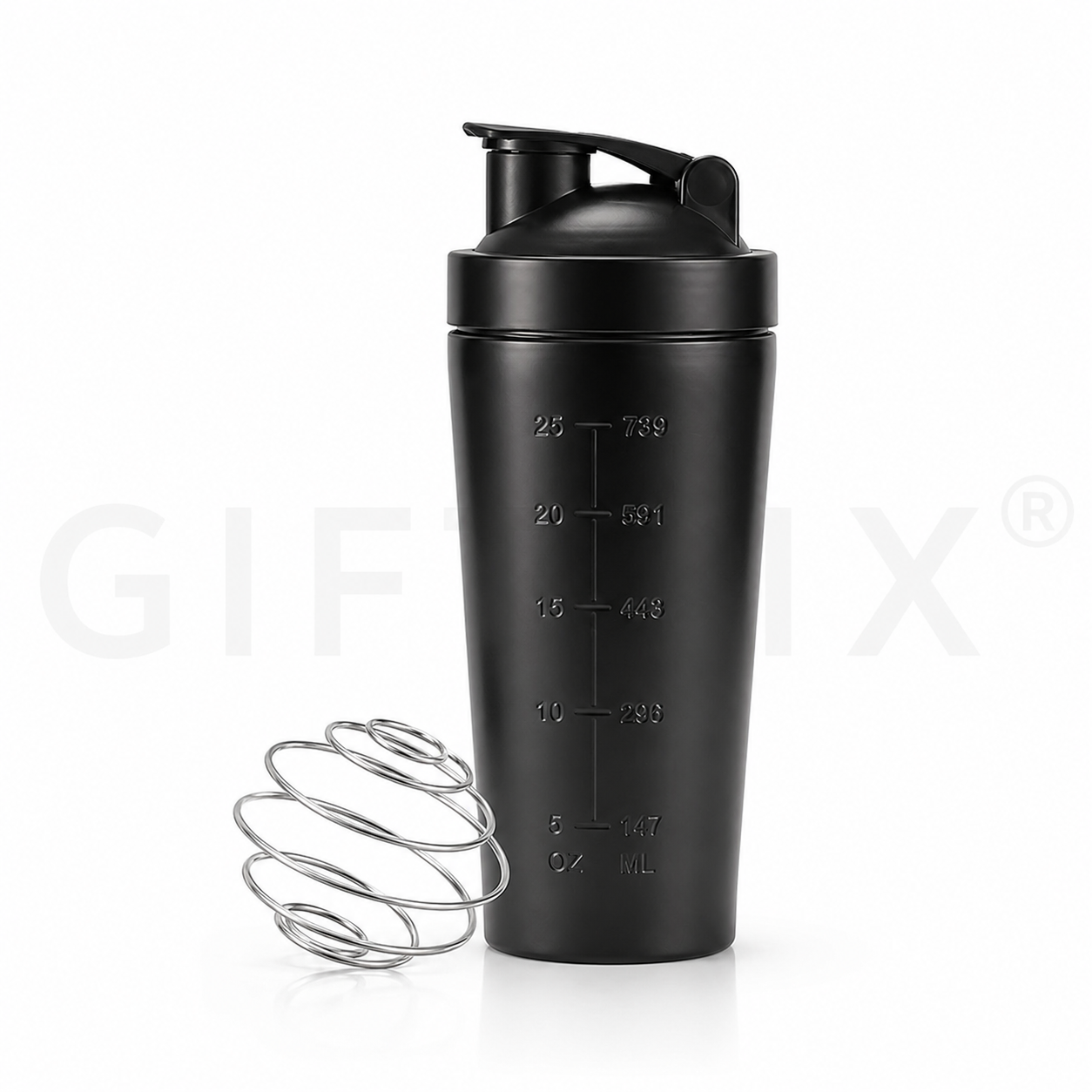 Black gym protein shaker bottle with measurement markings and wire whisk ball