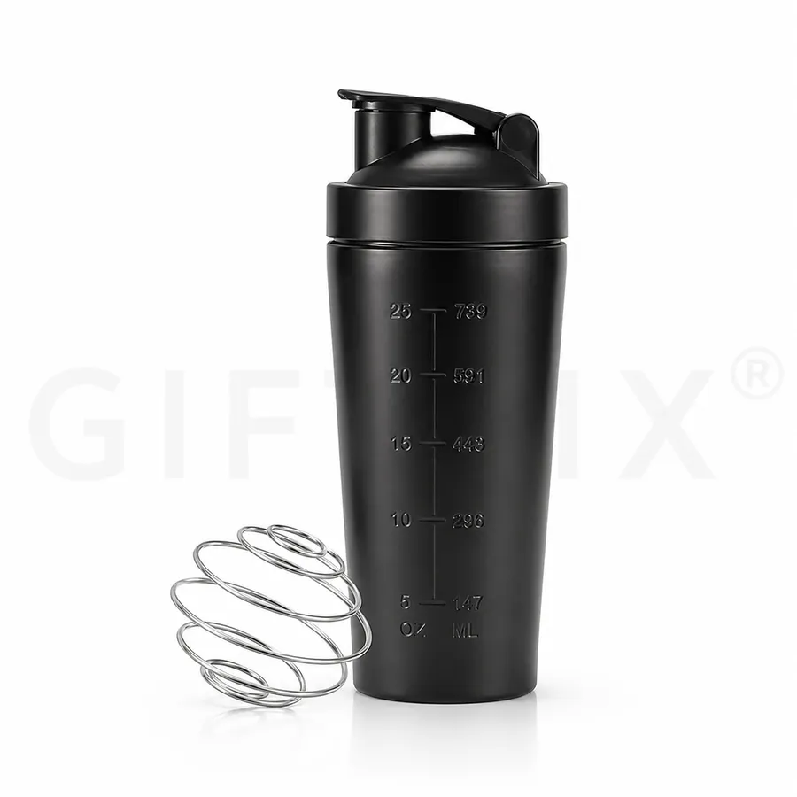 Black gym protein shaker bottle with measurement markings and wire whisk ball