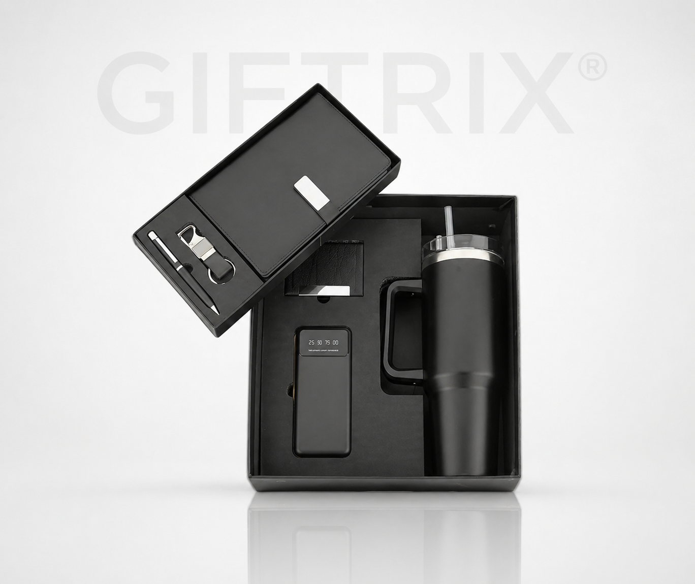 Black executive 4-piece combo with tumbler, notebook, powerbank and keychain