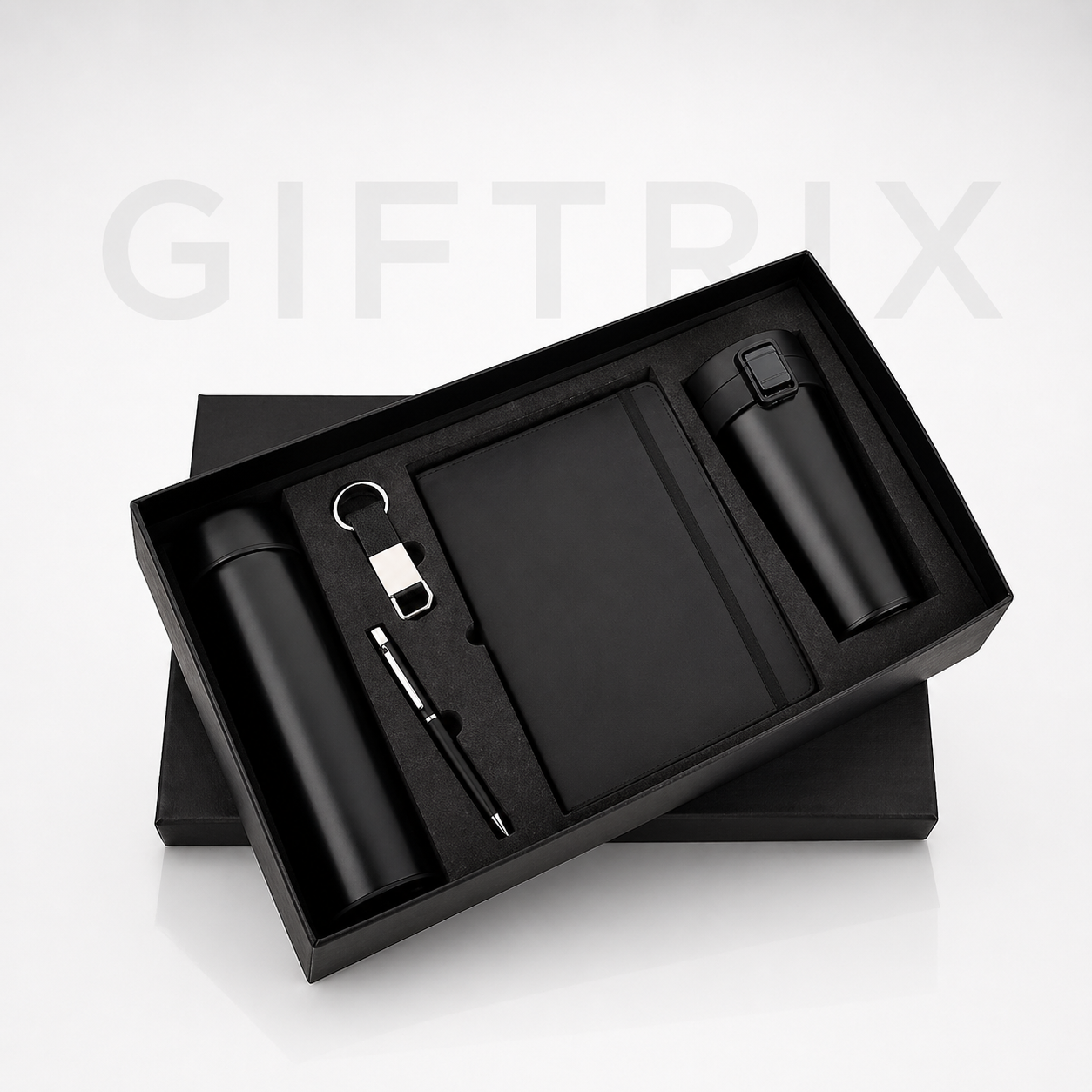 Black 4-piece office combo with bottle, notebook, pen and keychain