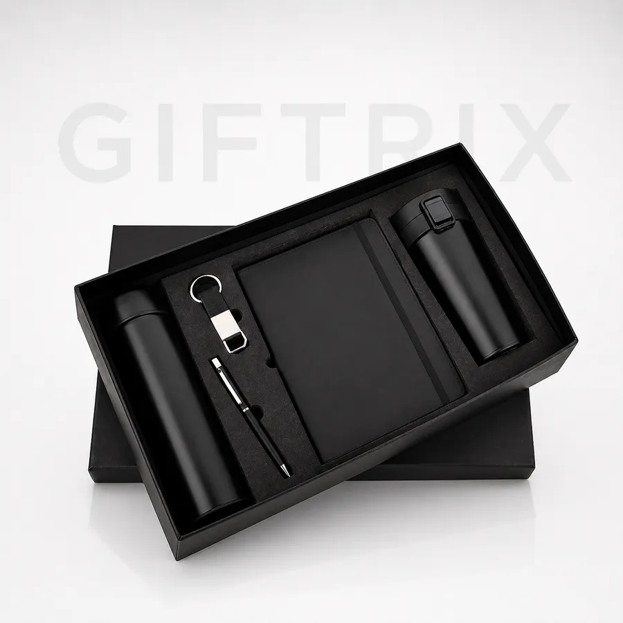 Black 4-piece office combo with bottle, notebook, pen and keychain