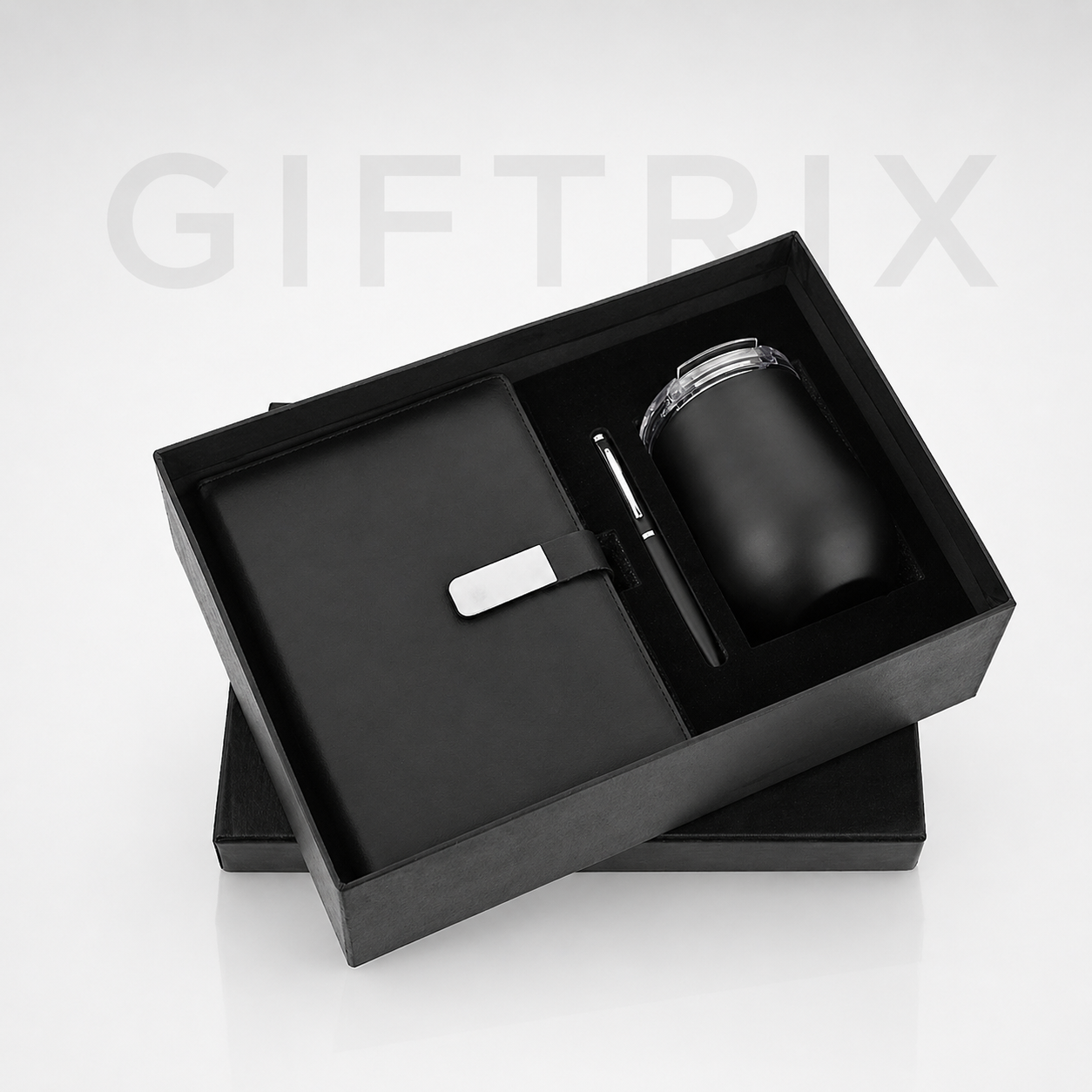 Black notebook with tumbler and pen 3-piece combo