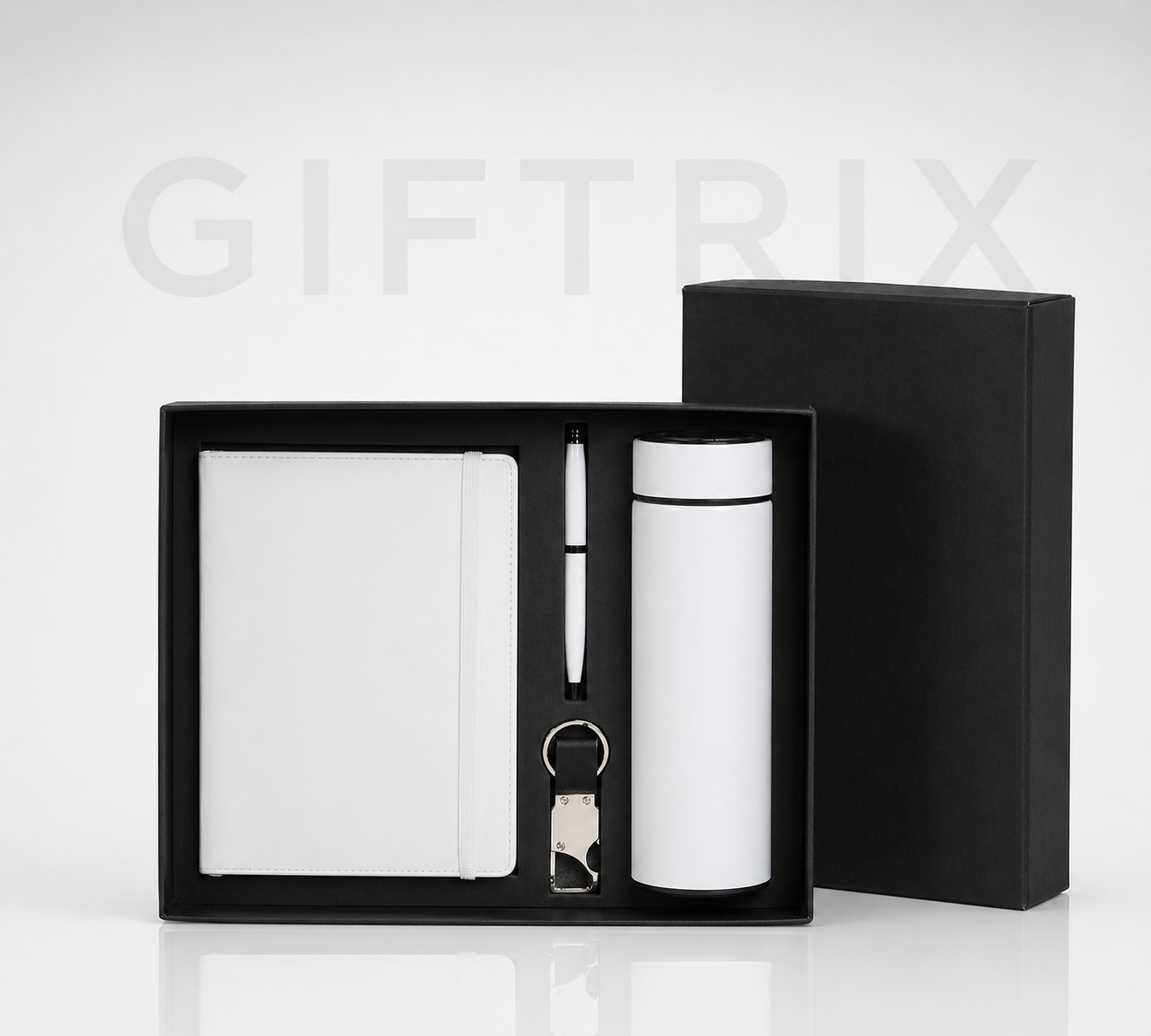 White edition 4-piece combo with notebook bottle pen and keychain