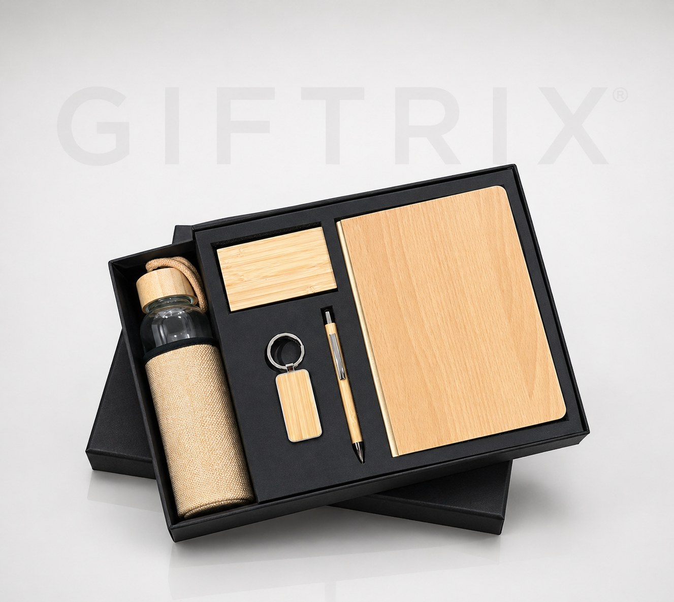 Bamboo premium 5-piece set with bottle notebook pen keychain and cardholder