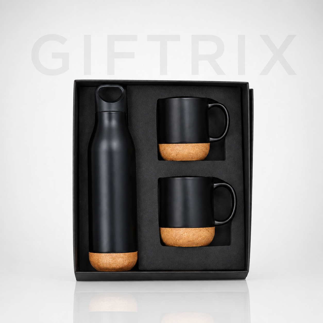 Cork base bottle and two coffee mugs gift trio