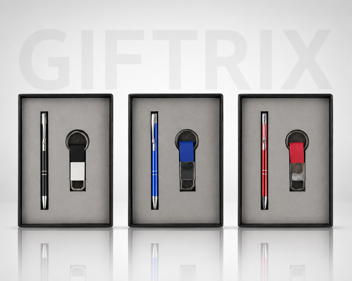 Pen and keychain trio in black blue and red