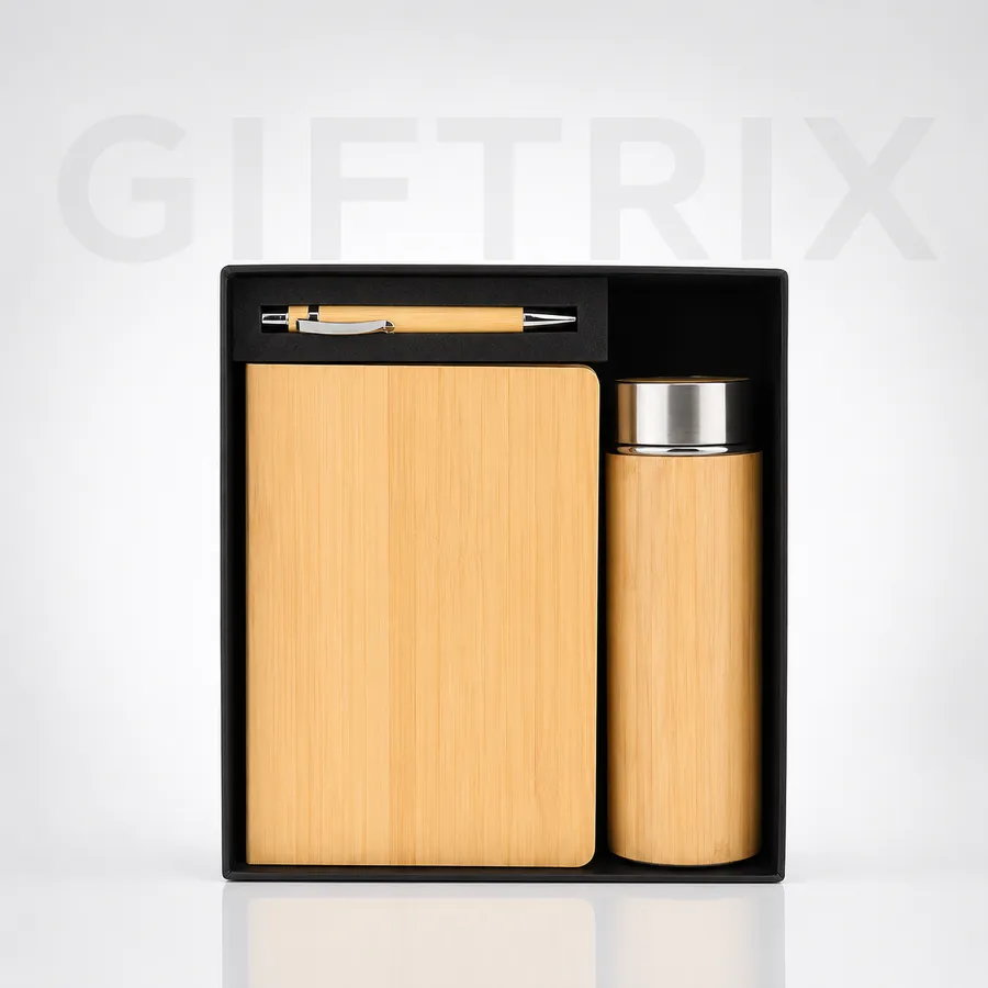 Bamboo office combo with bamboo notebook bottle and pen