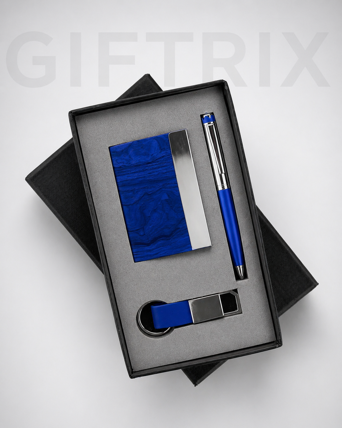 Blue cardholder with pen and keychain set