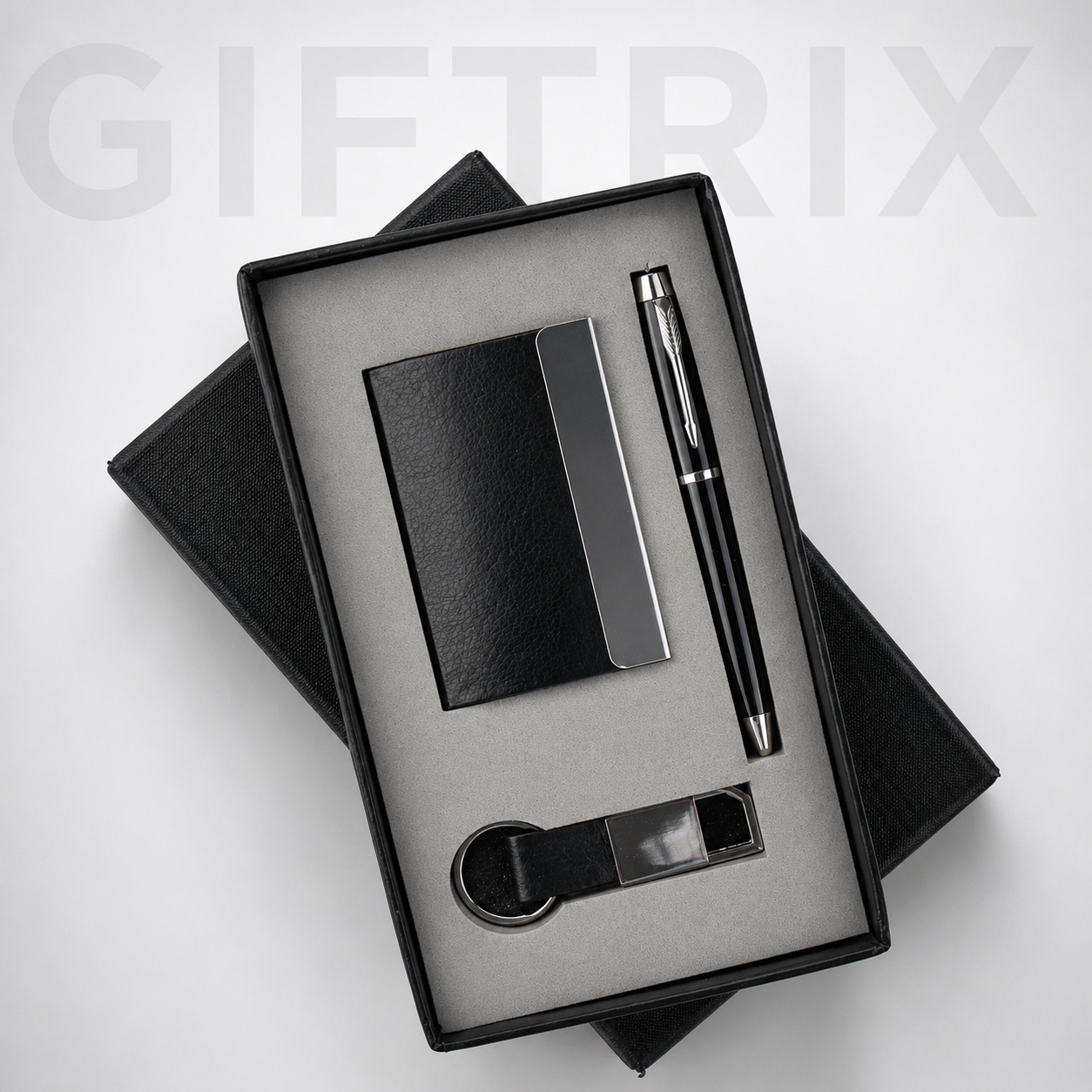 Black cardholder with pen and keychain set