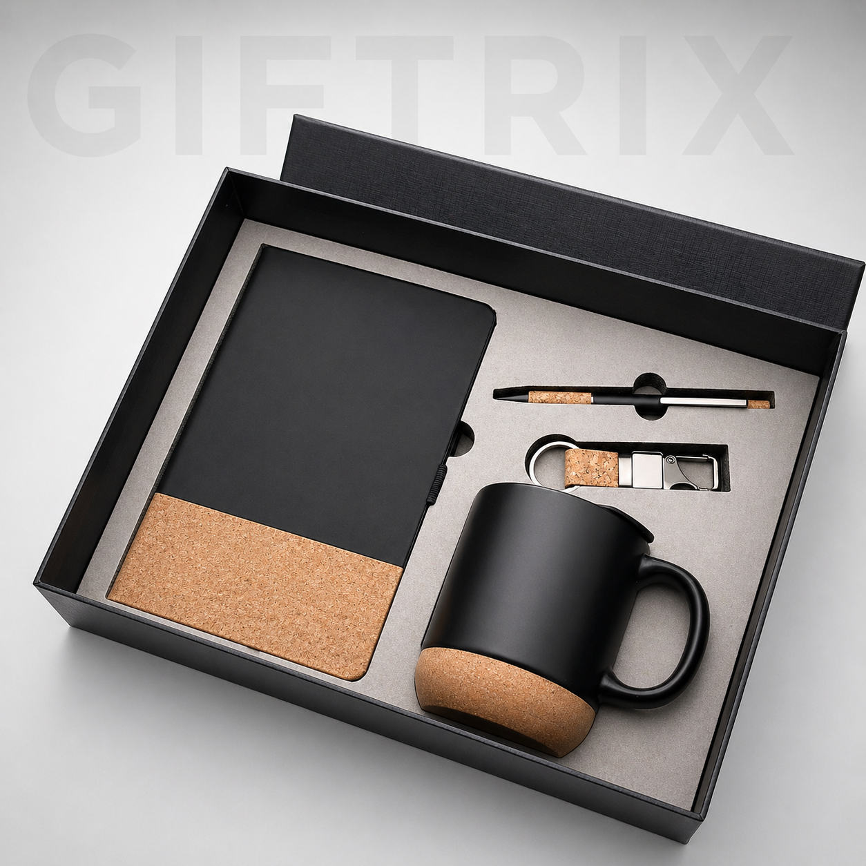 Cork base notebook with mug pen and keychain combo