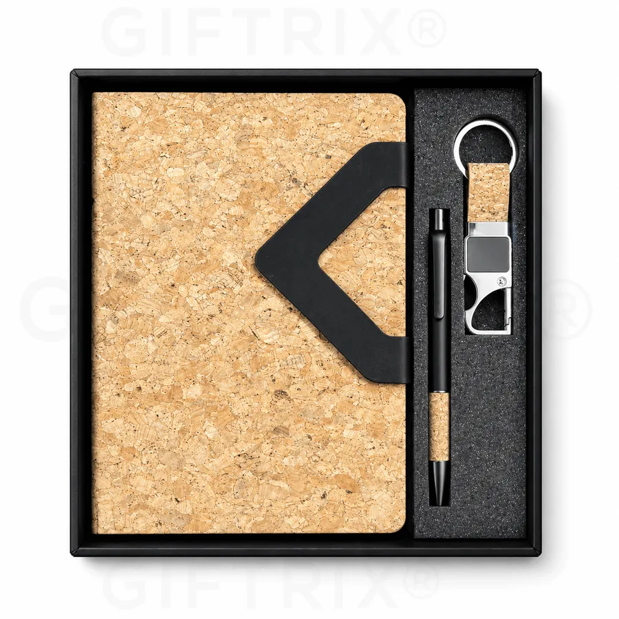 Cork Cover Diary, Metal Pen & Keychain