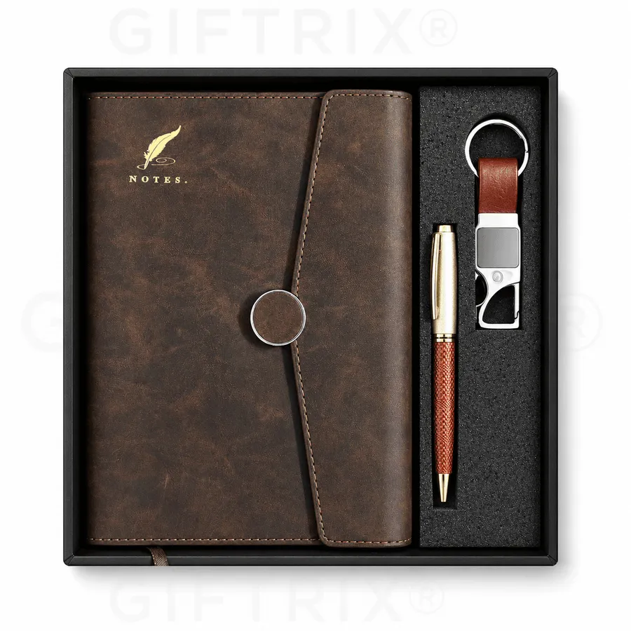 Vintage Brown Leather Flap Diary Set